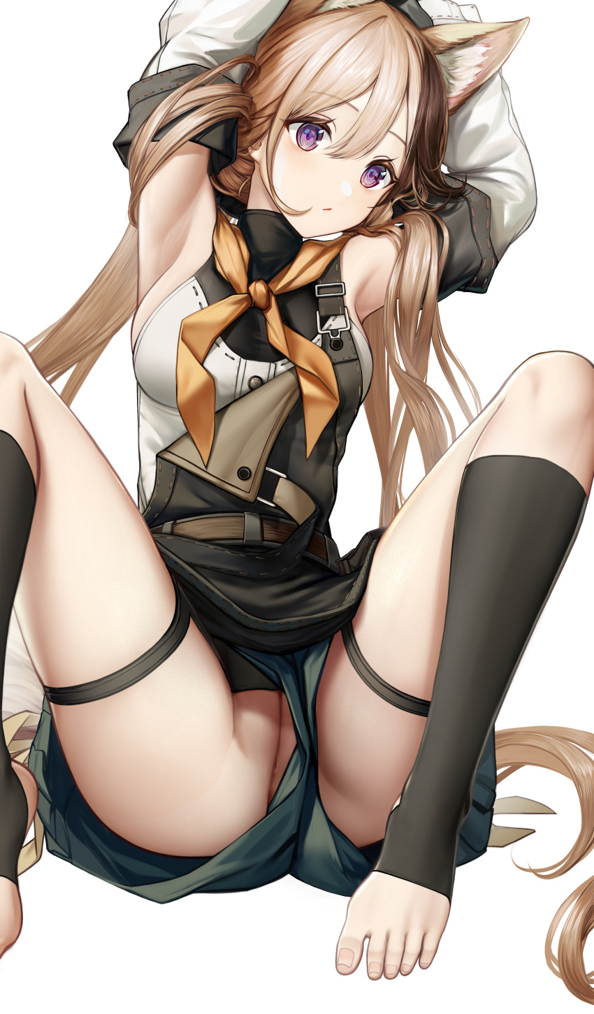 1girl absurdres animal_ear_fluff animal_ears argyle argyle_legwear arknights armpits arms_up black_socks brown_hair cardigan_(arknights) cardigan_(sunny_day)_(arknights) detached_sleeves extra_ears feet foot_out_of_frame grey_shorts hair_between_eyes highres kneehighs knees_up legs long_hair long_sleeves looking_at_viewer multicolored_hair no_panties no_shoes nopetroto purple_eyes pussy shirt short_shorts shorts simple_background sleeveless sleeveless_shirt socks solo spread_legs stirrup_legwear streaked_hair tail thigh_strap toeless_legwear toes uncensored upshorts variant_set very_long_hair white_background white_shirt white_sleeves