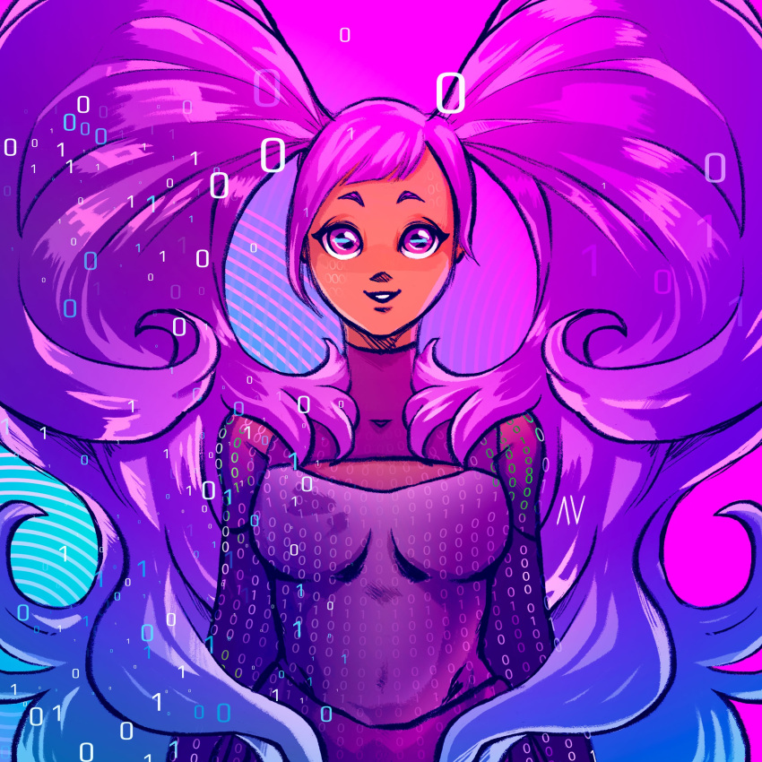 1girl aqua_background aveecomics big_hair binary covered_navel entrapta gradient_background highres long_hair looking_at_viewer paid_reward_available parted_lips purple_background purple_eyes purple_hair she-ra_and_the_princesses_of_power smile solo twintails upper_body very_long_hair