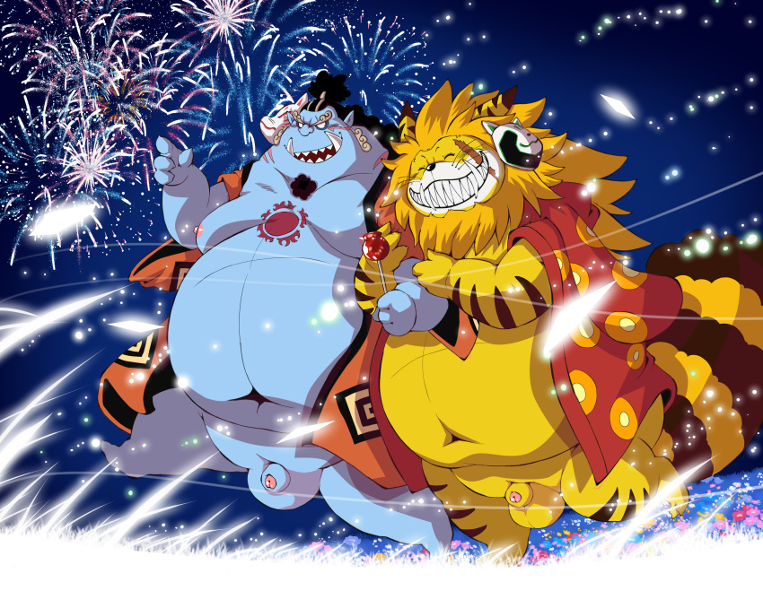 absurd_res anthro apple arm_grab balls belly black_hair black_stripes blue_body candy candy_apple chest_markings chibineco claws clothing dessert duo facial_hair fangs felid fireworks fish-men_(one_piece) flaccid fluffy fluffy_tail food fruit fur genitals goatee hair hand_holding hi_res holidays humanoid_pointy_ears jacket jacket_only jinbe kabuki_mask looking_at_another male male/male mammal mane marine markings mask minkmen_(one_piece) moobs nekomamushi new_year night nipples one_piece orange_mane overweight overweight_anthro overweight_male penis plant scar smile striped_body striped_fur stripes tail teeth topwear tusks walking yellow_body yellow_fur