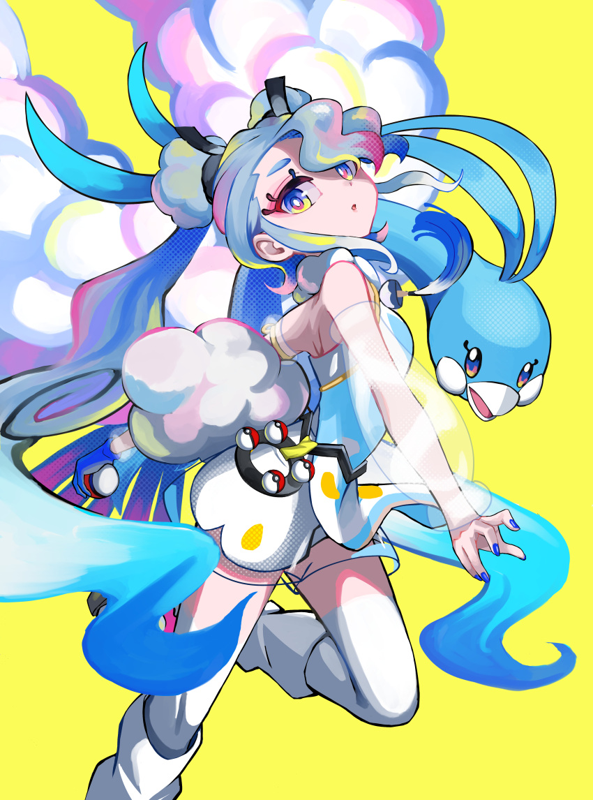 1girl absurdres altaria bare_shoulders blue_hair detached_sleeves flying_miku_(project_voltage) hatsune_miku highres long_hair looking_at_viewer official_alternate_costume open_mouth poke_ball poke_ball_(basic) pokemon pokemon_(creature) project_voltage riki_(rikixriki07) see-through see-through_sleeves simple_background thighhighs twintails very_long_hair vocaloid white_sleeves white_thighhighs yellow_background