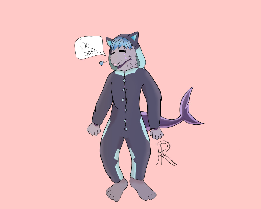 &lt;3 5:4 absurd_res anthro clothing cypher_(redcypher) dialogue eyes_closed fish hair hi_res invalid_tag marine markings onesie paws redcypher scalie shark signature simple_background text