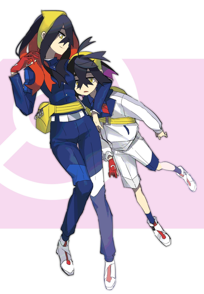 1boy 1girl arm_around_shoulder belt belt_buckle black_hair blue_jacket blue_pants blue_shirt blue_socks brother_and_sister buckle buttons carmine_(pokemon) collared_shirt commentary_request crossed_bangs fanny_pack gloves hair_between_eyes hairband highres jacket kieran_(pokemon) long_hair long_sleeves necktie pants partially_fingerless_gloves poke_ball_symbol pokemon pokemon_sv red_gloves red_necktie shirt shoes shorts siblings single_glove socks wadasada white_belt white_footwear white_jacket white_shorts yellow_bag yellow_eyes yellow_hairband zipper_pull_tab