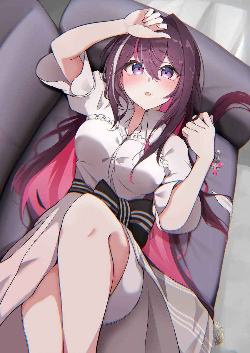 1girl absurdres azki_(4th_costume)_(hololive) azki_(hololive) black_hair blush breasts colored_inner_hair couch dress hair_between_eyes hair_intakes highres hololive leg_up long_hair looking_at_viewer lying medium_breasts miniskirt mole mole_under_eye multicolored_hair nail_polish official_alternate_costume on_back open_mouth parted_lips pink_hair pink_nails purple_eyes short_sleeves skirt solo streaked_hair unworn_hairclip very_long_hair virtual_youtuber white_dress white_hair white_skirt yamaki_(yamaki801)