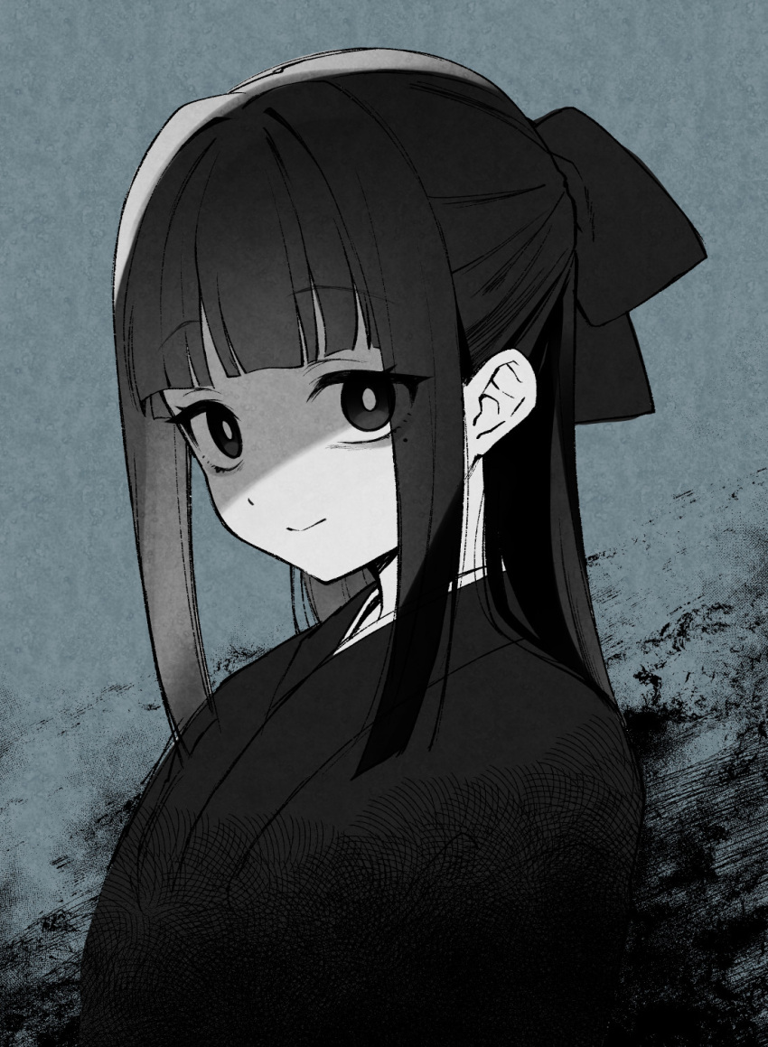 1girl bags_under_eyes bow greyscale hair_bow half_updo highres japanese_clothes kanya_pyi kimono long_hair looking_at_viewer mole mole_under_eye monochrome original sidelocks sketch smile solo upper_body