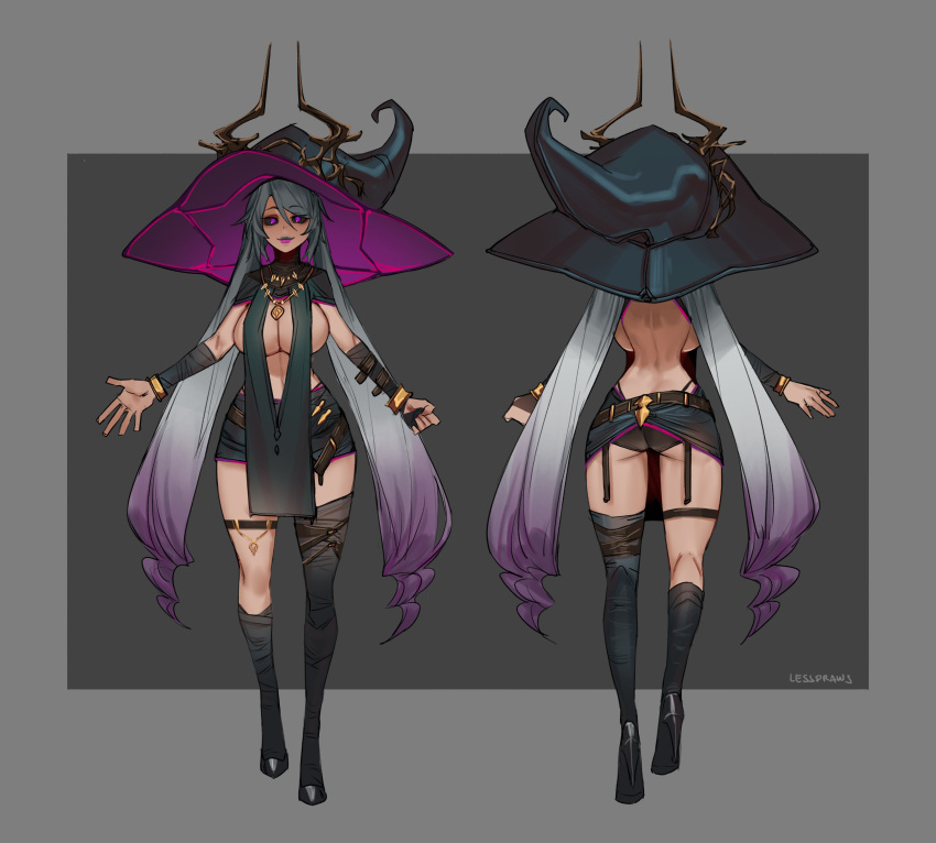 1girl absurdres ass back backboob black_sclera breasts character_name colored_sclera english_commentary full_body grey_hair hair_between_eyes hat high_heels highres large_breasts less looking_at_viewer multiple_views original purple_eyes purple_lips thigh_strap twintails witch_hat