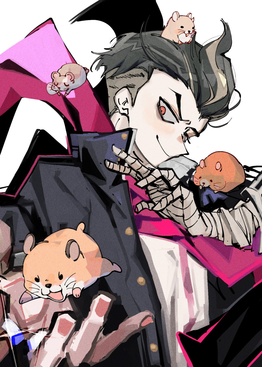 1boy animal_on_head animal_on_shoulder bandaged_arm bandaged_hand bandages black_hair closed_mouth danganronpa_(series) danganronpa_2:_goodbye_despair hamster highres male_focus napopk on_head red_eyes short_hair smile solo tanaka_gundham upper_body white_background