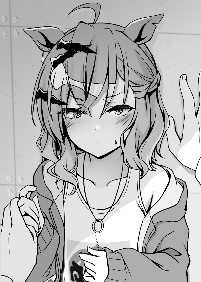 1girl absurdres ahoge animal_ears blush collarbone greyscale highres holding_hands horse_ears jacket jewelry jungle_pocket_(umamusume) kabedon long_sleeves looking_at_viewer medium_hair monochrome necklace notched_ear off_shoulder open_clothes open_jacket pov ring ring_necklace ryochapu shirt solo sweatdrop tank_top umamusume upper_body v-shaped_eyebrows