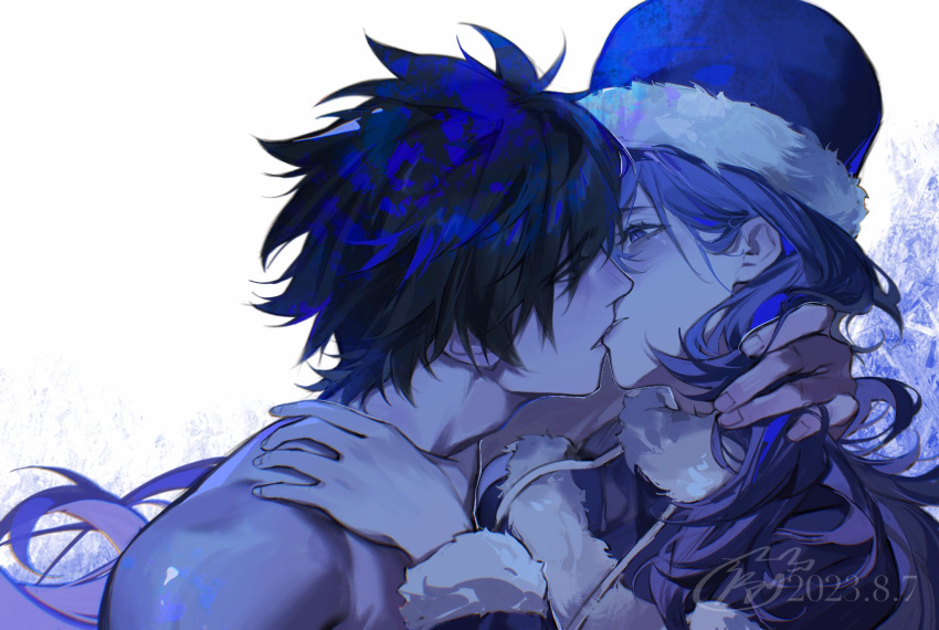 1boy 1girl black_eyes black_hair blue_coat blue_eyes blue_hair blue_headwear blue_theme blush coat colored_skin fairy_tail fur-trimmed_coat fur-trimmed_headwear fur_trim gray_fullbuster highres hug juvia_lockser jyukawa kiss long_hair looking_at_another short_hair toned toned_male topless topless_male white_skin