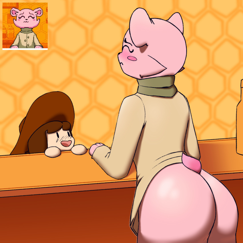 anthro bear blush butt clothed clothing digital_media_(artwork) eyes_closed female gloomylemon hi_res human male mammal pink_body solo undertale undertale_(series) undertale_yellow ursine