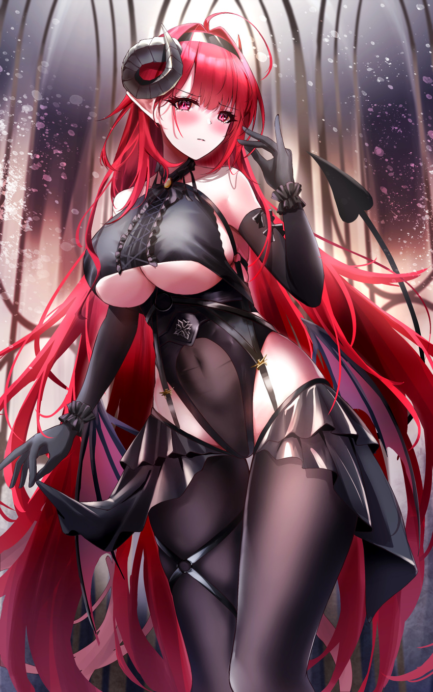 absurdres ahoge azur_lane bare_shoulders black_gloves black_headband black_horns breasts center_cross_lace center_frills clothing_cutout covered_navel cowboy_shot curled_horns demon_girl demon_wings elbow_gloves frilled_bandeau frilled_gloves frills gloves hair_intakes hand_up headband highres hindenburg_(azur_lane) horns kirisamede_gzr long_hair low_wings pantyhose pointy_ears red_hair slit_pupils thigh_strap underboob underboob_cutout wings