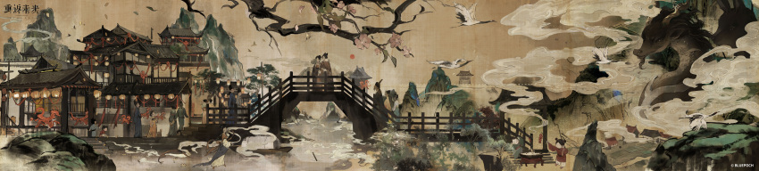absurdres architecture bird boat branch bug butterfly chinese_clothes chinese_new_year cloud copyright_name copyright_notice crane_(animal) dragon east_asian_architecture eastern_dragon faux_traditional_media firecrackers flower hanfu highres incredibly_absurdres ink_wash_painting lantern logo lotus_lantern mountain official_art people pink_flower reverse:1999 river rock scenery sun very_wide_shot water watercraft wide_image wooden_bridge