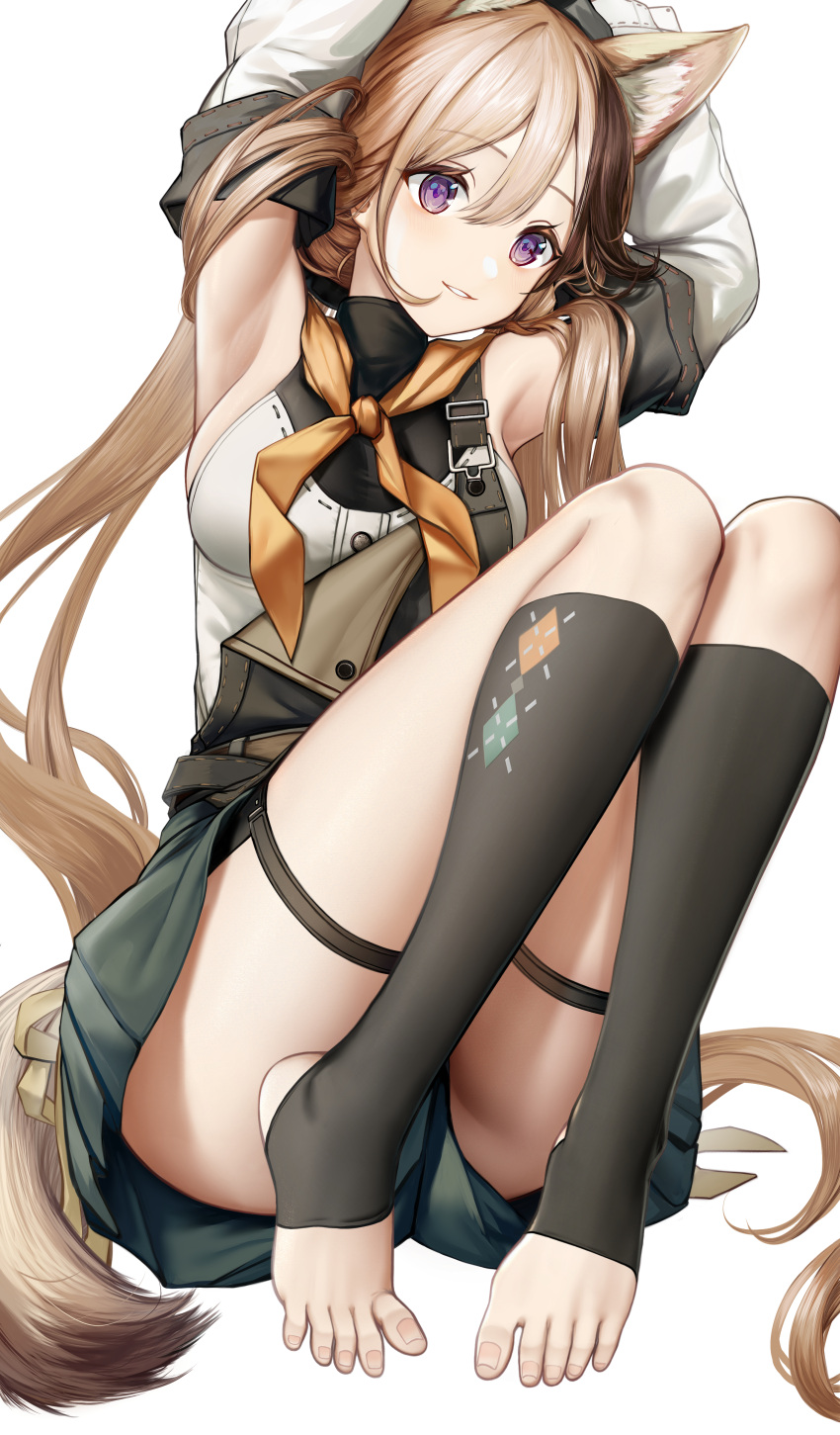 1girl absurdres animal_ear_fluff animal_ears argyle argyle_legwear arknights armpits arms_up black_socks brown_hair cardigan_(arknights) cardigan_(sunny_day)_(arknights) detached_sleeves extra_ears feet grey_shorts hair_between_eyes highres kneehighs knees_up legs long_hair long_sleeves looking_at_viewer multicolored_hair no_shoes nopetroto parted_lips purple_eyes shirt short_shorts shorts simple_background sleeveless sleeveless_shirt smile socks solo stirrup_legwear streaked_hair tail thigh_strap toeless_legwear toes variant_set very_long_hair white_background white_shirt white_sleeves