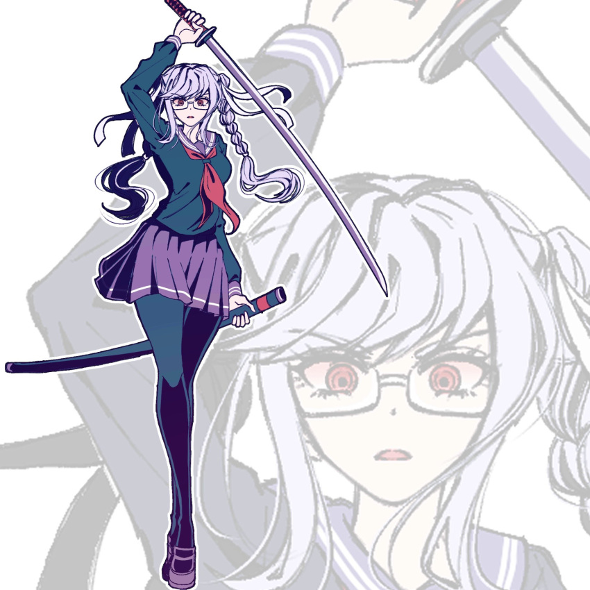 1girl arm_up braid breasts danganronpa_(series) danganronpa_2:_goodbye_despair full_body glasses grey_hair grey_sailor_collar highres holding holding_sheath holding_sword holding_weapon katana large_breasts long_hair miniskirt neckerchief open_mouth outline pekoyama_peko pleated_skirt red_eyes red_neckerchief sailor_collar satori_(aosky9077) sheath shoes skirt standing sword twin_braids weapon white_outline zoom_layer