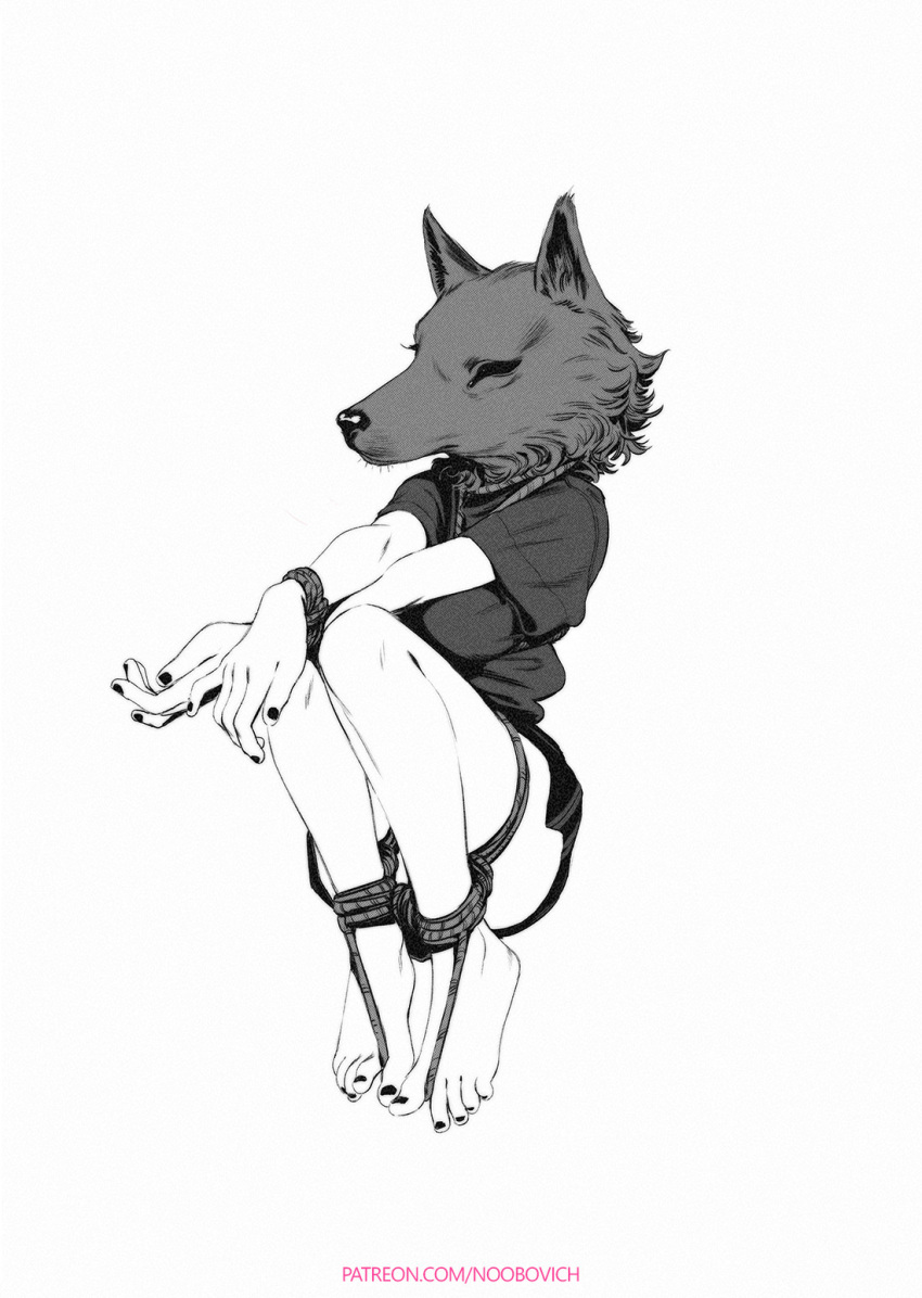 1girl animal_ears animal_head arms_on_knees bare_legs barefoot between_toes black_nails bound bound_ankles bound_thighs bound_wrists breasts crossed_wrists feet fox fox_ears fox_head greyscale highres ibrahem_swaid inktober knees knees_up legs_folded looking_ahead monochrome nail_polish original patreon_username shirt short_sleeves simple_background snout solo toenail_polish toenails toes web_address white_background wide_shot