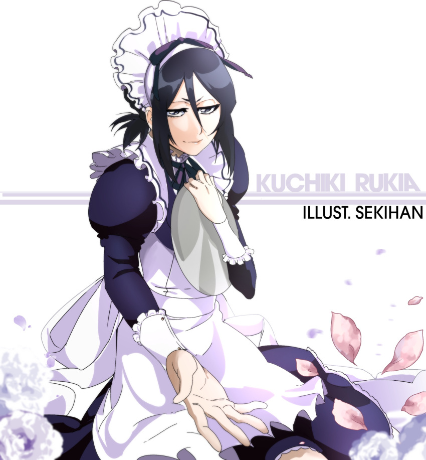 alternate_costume apron artist_name back_bow beckoning black_eyes black_hair bleach blue_dress blue_ribbon bow character_name collar dress english_commentary enmaided eyelashes falling_petals frilled_apron frilled_collar frills hair_between_eyes hair_ribbon hand_on_own_chest highres holding holding_tray juliet_sleeves kubo_tite_(style) kuchiki_rukia light_smile long_sleeves looking_at_viewer maid maid_apron maid_headdress neck_ribbon open_hand petals ponytail puffy_sleeves purple_ribbon reaching reaching_towards_viewer ribbon sekihan_(6kihan) sidelocks tray white_background white_bow