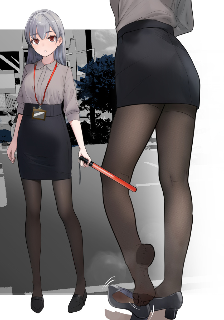 1girl arm_up black_footwear black_pantyhose black_skirt breasts brown_eyes collared_shirt feet full_body grey_hair grey_shirt hashtag_only_commentary head_out_of_frame high-waist_skirt high_heels highres holding indoors kneepits lanyard legs looking_at_viewer lumina414 medium_breasts miniskirt motion_lines multiple_views no_shoes office office_lady original pantyhose pencil_skirt shirt shirt_tucked_in skirt smell soles standing standing_on_one_leg steaming_body thighband_pantyhose toes