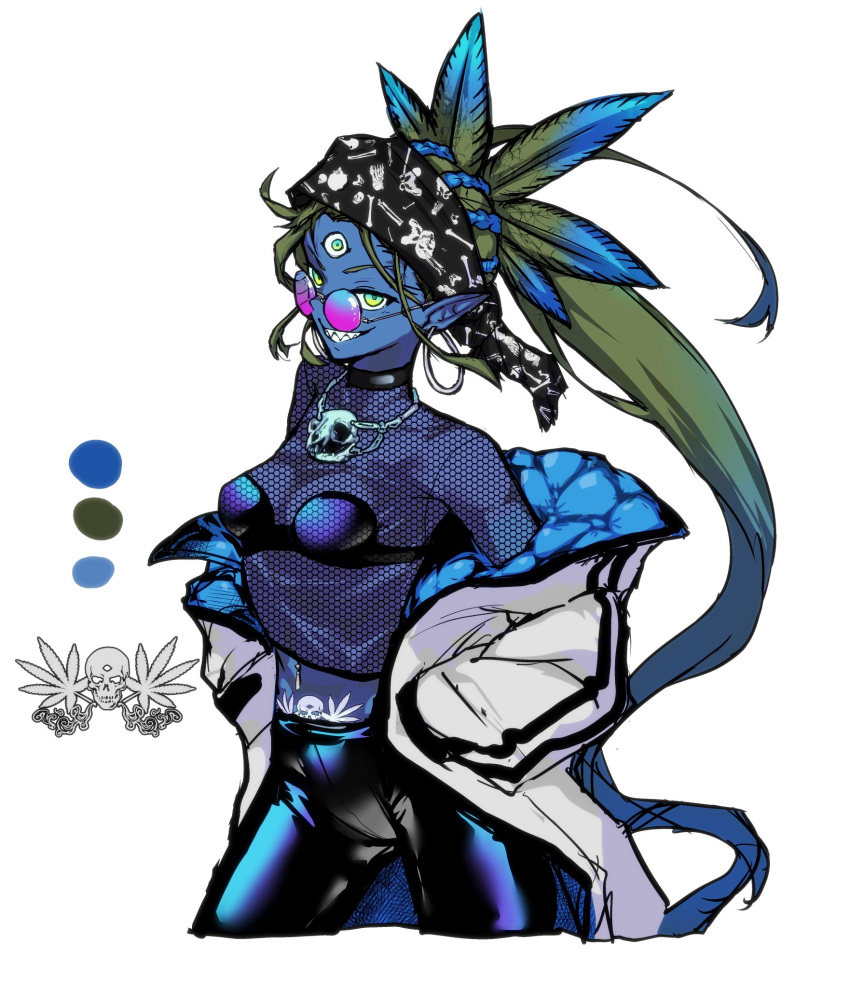 2023 3_eyes bandanna blue_body blue_skin bra cannabis_curse_master_mariphala-chan clothing demon digital_media_(artwork) drugs ear_piercing ear_ring eyewear female fishnet fishnet_clothing green_eyes green_hair hair hand_in_pocket hi_res humanoid humanoid_pointy_ears jacket jewelry kerchief latex latex_clothing latex_legwear legwear long_hair marijuana model_sheet multi_eye necklace otimusixya piercing pockets ring_piercing sharp_teeth solo sunglasses teeth topwear underwear womb_tattoo