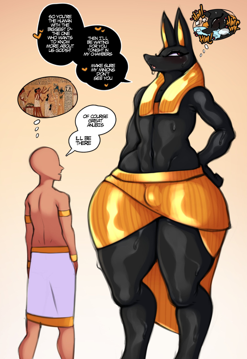 absurd_res anthro anubis biped black_body black_fur bodily_fluids bulge canid canine clothed clothing deity dialogue duo egyptian_mythology english_text eyelashes fur hi_res human male mammal middle_eastern_mythology mythology navel pupils saltyxodium simple_background size_difference speech_bubble sweat text thick_thighs