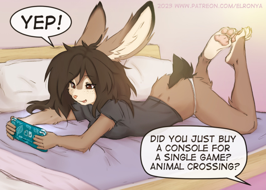 animal_crossing anthro bed console elronya fan_character female freckles furniture gaming hair lagomorph leporid long_hair mammal nintendo playing playing_videogame rabbit ronya short_tail suvi_(elronya) tail