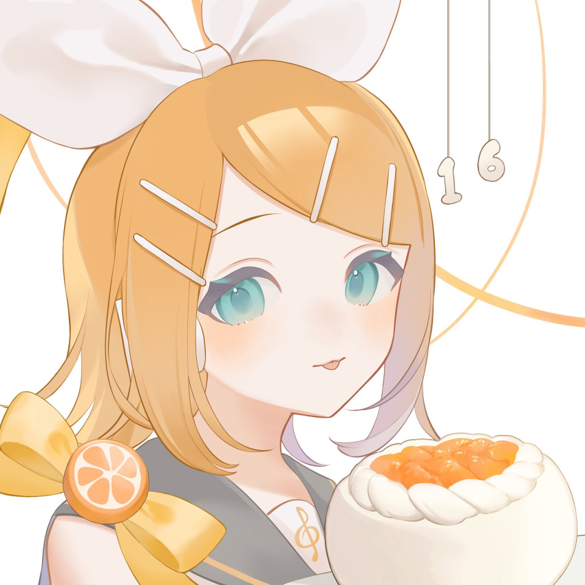 1girl anniversary aqua_eyes bare_shoulders blonde_hair bow cake food fruit grey_sailor_collar hair_bow hair_ornament hairclip happy_anniversary headphones headset highres holding holding_cake holding_food kagamine_rin looking_at_viewer neckerchief orange_(fruit) orange_slice sailor_collar short_hair sideways_glance solo sumire_rin swept_bangs tongue tongue_out treble_clef vocaloid yellow_bow yellow_neckerchief