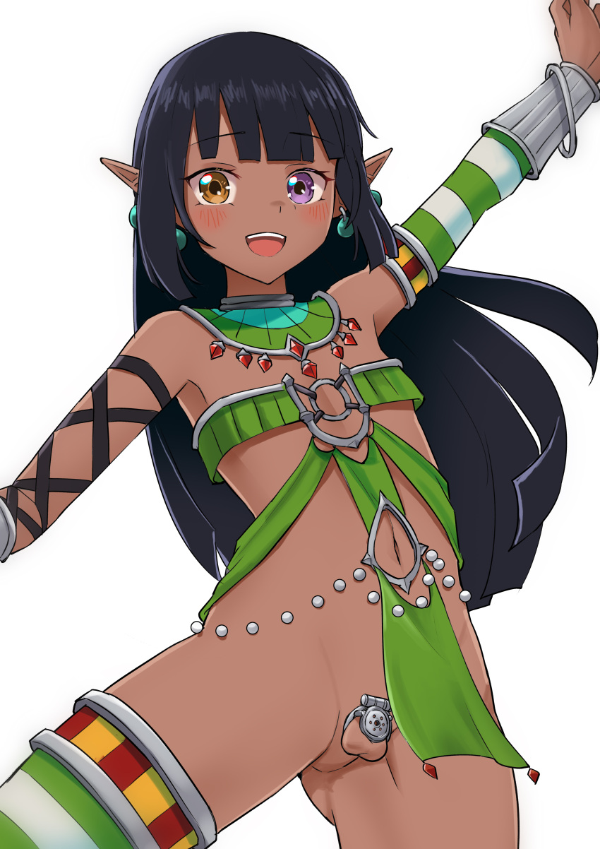 1boy absurdres armpits bare_hips black_hair blunt_bangs chastity_cage commission cuffs dark_elf dark_skin detached_sleeves earrings egyptian_clothes elf flat_chastity_cage gem heterochromia highres hime_cut jewelry jtleeklm long_hair looking_at_viewer midriff navel no_panties orange_eyes original otoko_no_ko over-kneehighs pearl_earrings pelvic_curtain pixiv_commission pointy_ears purple_eyes quiver red_gemstone revealing_clothes simple_background solo thighhighs usekh_collar white_background