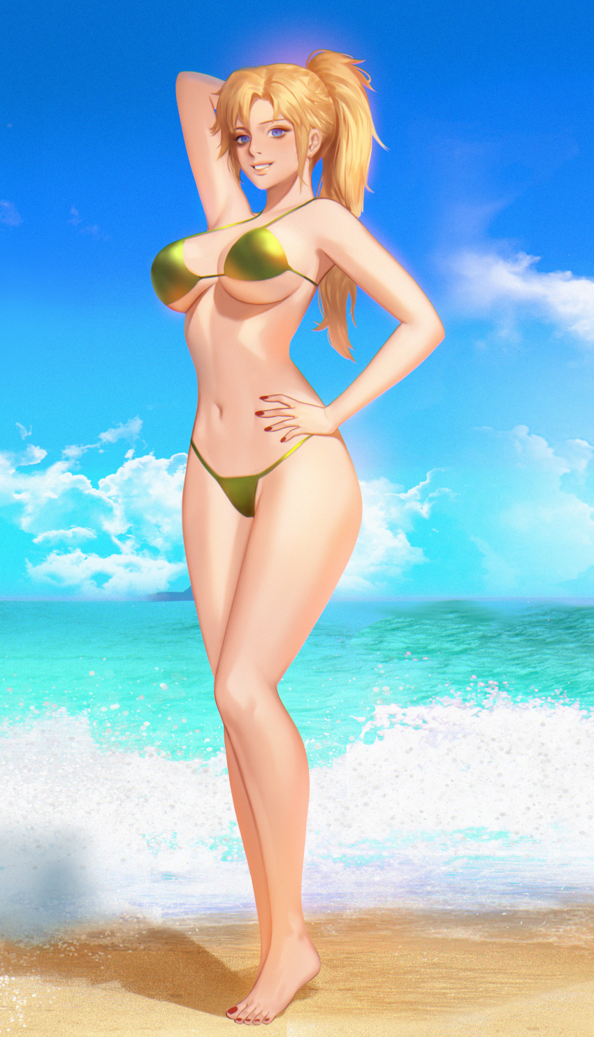 1girl absurdres arm_behind_head bangs beach bikini blue_eyes breasts cloud commission day fate/grand_order fate_(series) fusion green_bikini hand_on_hip highres huge_filesize large_breasts lips looking_at_viewer mordred_(fate) mordred_(fate)_(all) navel ocean outdoors parted_bangs parted_lips ponytail red_nails sky smile solo standing string_bikini swimsuit thaumazo toenail_polish waving
