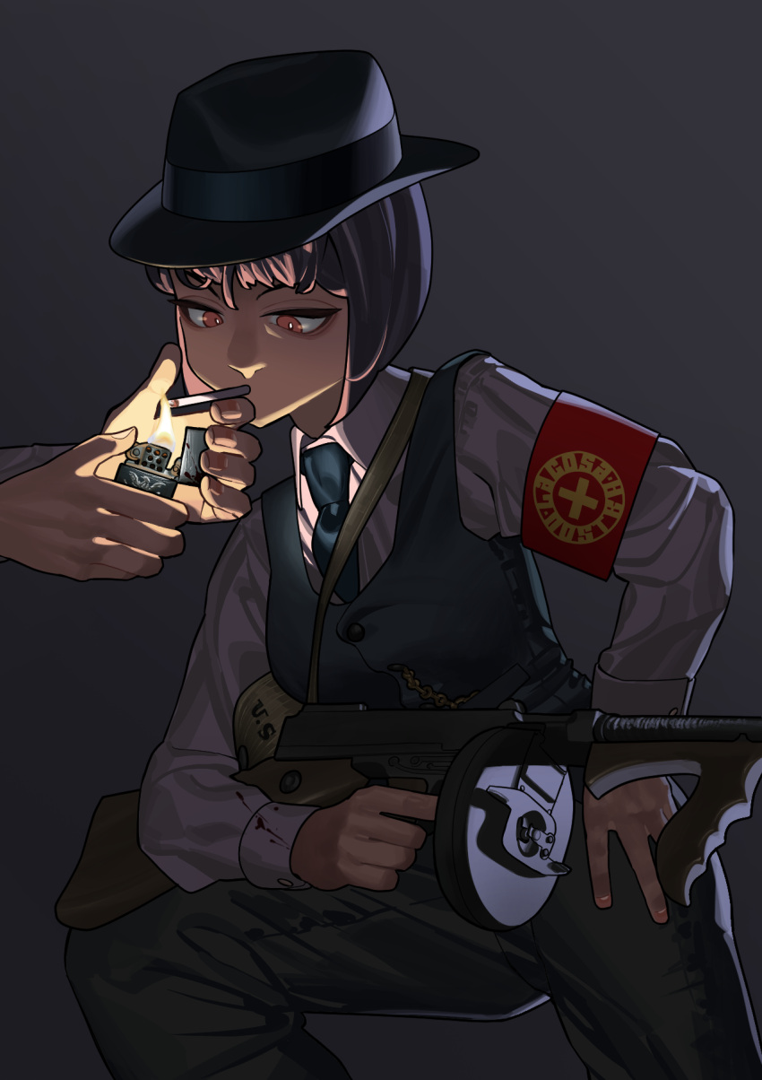 1girl 1other armband black_headwear black_vest blood blood_on_arm blood_on_clothes blood_splatter brown_eyes brown_hair buttons cigarette collared_shirt dress_shirt drum_magazine english_commentary fingernails fire formal gangster grey_background gun hand_on_own_hip hat hearts_of_iron highres holding holding_gun holding_lighter holding_weapon kaiserreich leaning lighter lighting_cigarette long_sleeves looking_at_object mafia magazine_(weapon) mouth_hold necktie pant_suit pants pzkpfwi red_armband shirt short_hair simple_background smoking solo submachine_gun suit thompson_submachine_gun trilby vest weapon white_shirt zippo_lighter