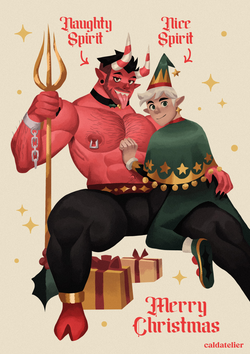 2boys abs absurdres armpit_hair armpit_hair_peek bara beard_stubble box bulge caldatelier christmas colored_skin contrast couple demon_boy demon_horns demon_tail elf english_text full_body gift gift_box hat highres horns interspecies large_pectorals long_tongue looking_at_viewer male_focus merry_christmas multicolored_horns multiple_boys muscular muscular_male mustache_stubble navel navel_hair nipple_piercing nipple_rings nipples original pectorals piercing planted pointy_ears polearm red_skin seductive_smile short_hair size_difference smile spread_legs tail thick_eyebrows thick_thighs thigh_straddling thighs tongue tongue_out topless_male trident weapon yaoi