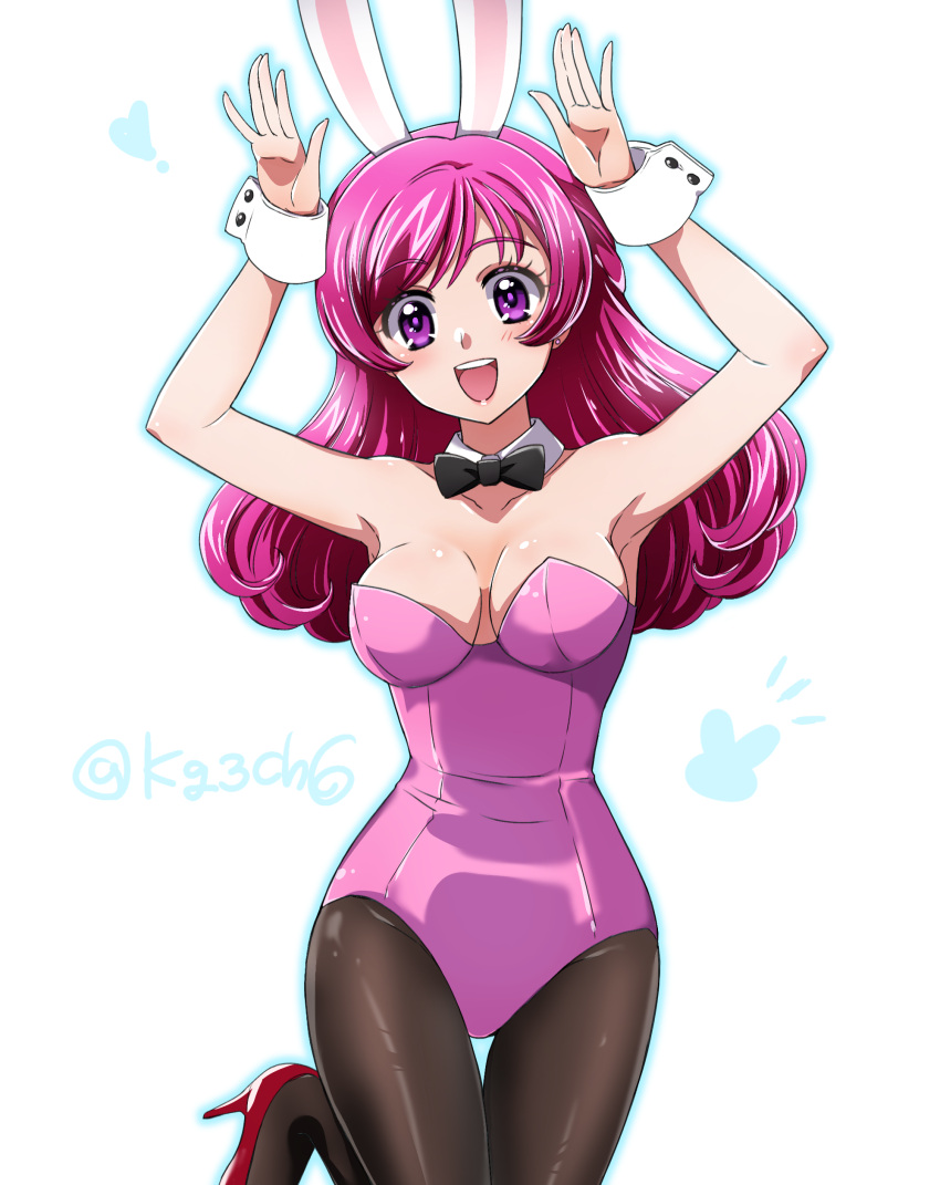 1girl absurdres alternate_costume animal_ears bare_shoulders black_pantyhose blush breasts cleavage covered_navel cowboy_shot detached_collar fake_animal_ears highres kagami_chihiro kibou_no_chikara_~otona_precure_'23~ leotard long_hair looking_at_viewer medium_breasts open_mouth pantyhose pink_eyes pink_hair pink_leotard playboy_bunny precure rabbit_ears signature smile solo standing standing_on_one_leg strapless twitter_username white_background wrist_cuffs yes!_precure_5 yumehara_nozomi