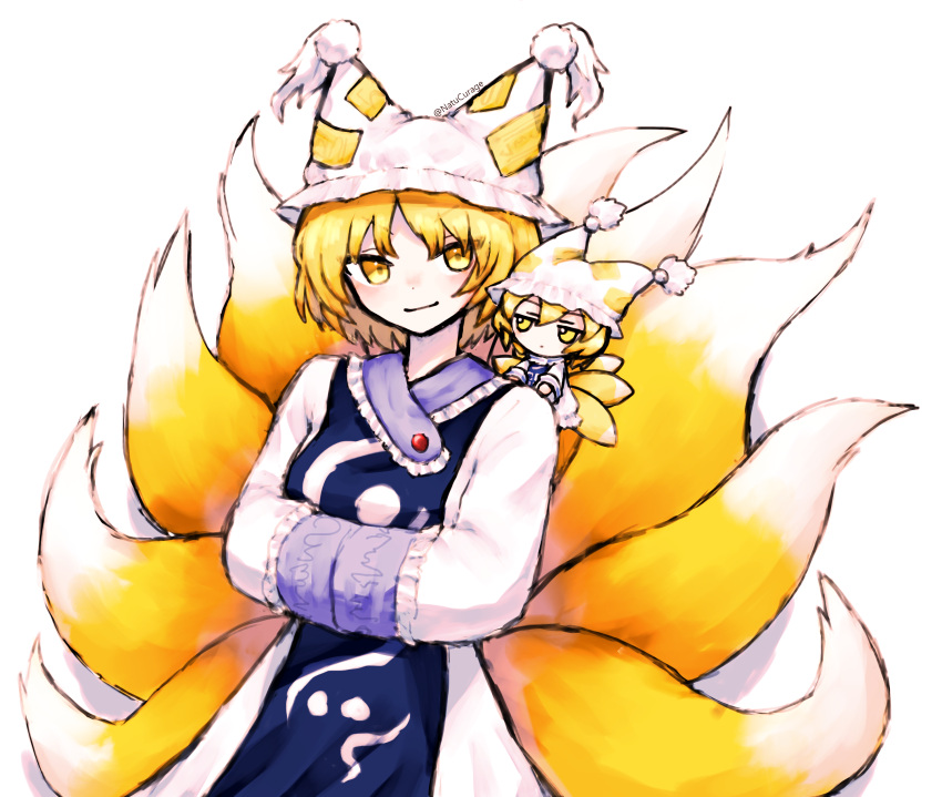 1girl absurdres blonde_hair closed_mouth commentary dress fox_girl fox_tail fumo_(doll) hands_in_opposite_sleeves hat highres kitsune long_sleeves looking_at_viewer mob_cap multiple_tails natucurage short_hair simple_background solo tabard tail touhou twitter_username white_background white_dress white_headwear yakumo_ran yellow_eyes