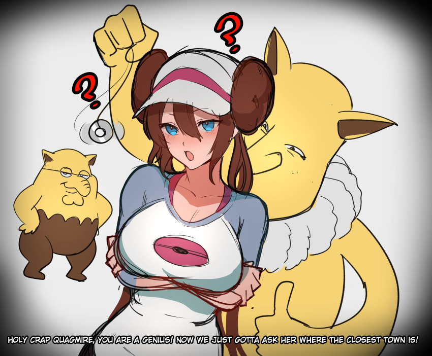 1girl ? absurdres blue_eyes breasts brown_hair colored_skin crossover double_bun double_chin doughnut_hair_bun drowzee english_text family_guy glasses glenn_quagmire hair_bun highres holding holding_string hypno hypnosis kowai_(iamkowai) large_breasts mind_control pantyhose pendulum peter_griffin pokemon raglan_sleeves rosa_(pokemon) sketch string subtitled thumbs_up vignetting visor_cap yellow_skin