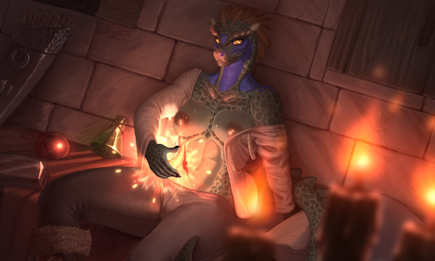 abs absurd_res anthro argonian bethesda_softworks breasts clothed clothed/nude clothing feathers female hi_res magic nipples nude nude_anthro nude_female pinup pose potion scalie skyrim solo stronkfurry the_elder_scrolls wounded