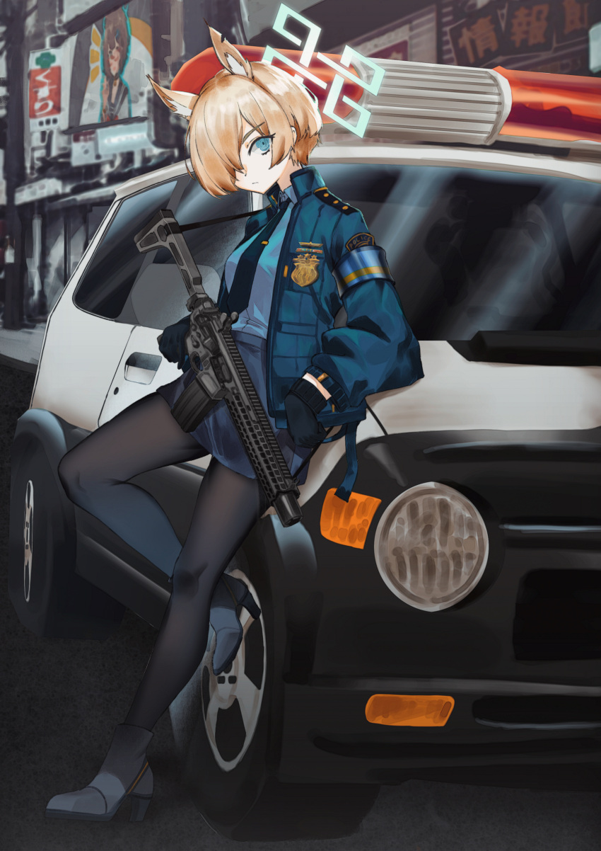 1girl absurdres aged_down animal_ear_fluff animal_ears armband black_footwear black_gloves black_pantyhose blonde_hair blue_archive blue_armband blue_eyes blue_jacket blue_necktie blue_shirt boots breasts car closed_mouth commentary_request commission expressionless extra_ears gloves green_halo gun hair_over_one_eye halo high_heel_boots high_heels highres holding holding_gun holding_weapon jacket kanna_(blue_archive) long_hair long_sleeves looking_at_viewer motor_vehicle necktie notched_ear official_alternate_hair_length official_alternate_hairstyle pantyhose pencil_skirt persocon93 pixiv_commission police police_badge police_car police_uniform policewoman rifle shirt short_hair sig_mcx skirt solo uniform weapon