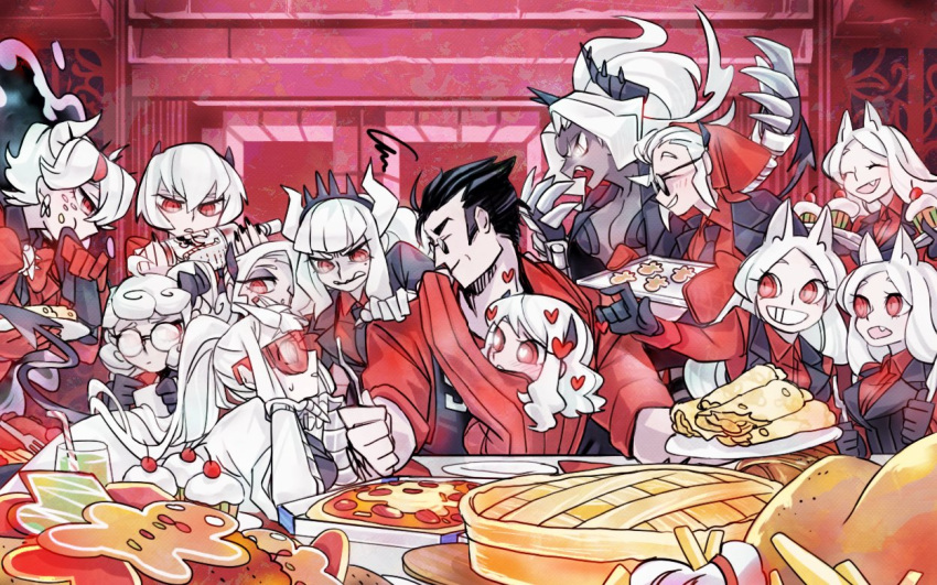 1boy 6+girls apron beelzebub_(helltaker) black_apron black_gloves black_hair black_horns black_jacket black_necktie black_vest cerberus_(helltaker) cupcake demon demon_girl demon_horns demon_tail earrings food fork freckles glass gloves helltaker helltaker_(character) horns hug jacket jacket_on_shoulders jewelry judgement_(helltaker) justice_(helltaker) lab_coat long_hair looking_at_another loremaster_(helltaker) lucifer_(helltaker) malina_(helltaker) metal_gloves modeus_(helltaker) multiple_girls necktie office_lady pancake pandemonica_(helltaker) pie pizza portal_(object) red_eyes red_shirt red_sweater round_eyewear sennmannkai2929 shirt short_hair sunglasses sweater tail triplets vest white_hair zdrada_(helltaker)