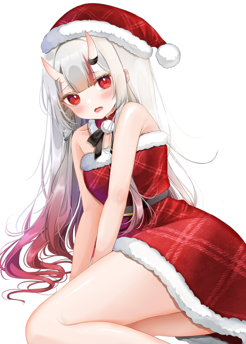 1girl belt black_belt blush center-flap_bangs christmas dress fur-trimmed_dress fur-trimmed_headwear fur_trim gradient_hair hat highres hololive horns long_hair multicolored_hair nakiri_ayame ohagetty oni oni_horns open_mouth red_dress red_eyes red_hair red_headwear santa_dress santa_hat simple_background skin-covered_horns solo strapless strapless_dress streaked_hair virtual_youtuber white_background white_hair