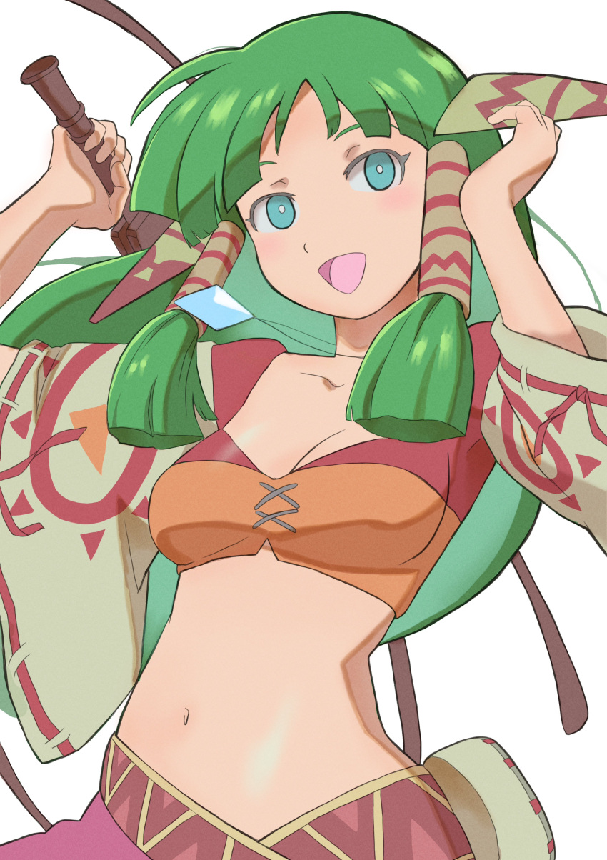 1girl absurdres bare_shoulders blue_eyes breasts collarbone feena_(grandia) grandia grandia_i green_hair hair_ornament hair_tubes highres holding holding_whip jewelry k_katora long_hair looking_at_viewer midriff navel necklace open_mouth simple_background skirt smile solo white_background wide_sleeves