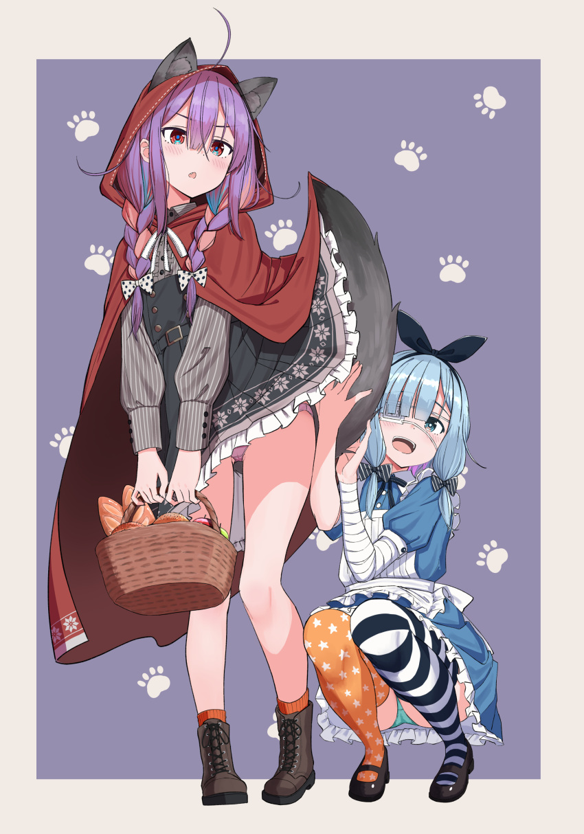 absurdres alice_in_wonderland animal_ears basket blue_hair boots halloween halloween_costume highres holding holding_basket little_red_riding_hood mismatched_socks purple_hair tail urushiushiru wolf_ears wolf_tail