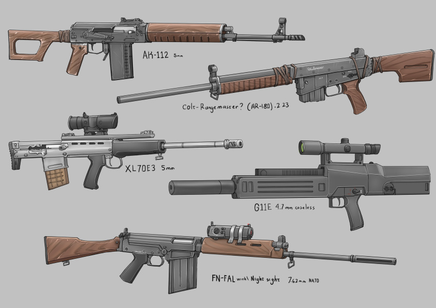 absurdres assault_rifle battle_rifle bullpup fallout_(series) fallout_1 fallout_2 fn_fal gun h&amp;k_g11 highres kalashnikov_rifle optical_sight rifle srtdrawart suppressor weapon xl70e3