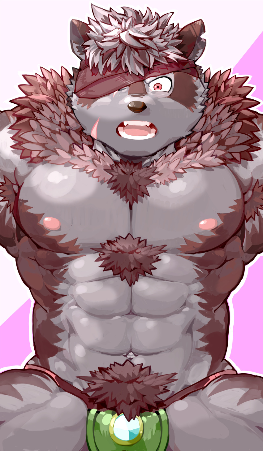 abs absurd_res accessory anthro biceps brown_fur canid canine canis fur headband hi_res male mammal multicolored_fur muscular muscular_male navel nipples open_mouth pecs pikaqoo red_eyes simple_background solo tokyo_afterschool_summoners two_tone_fur video_games volkv_vseslav white_fur wolf