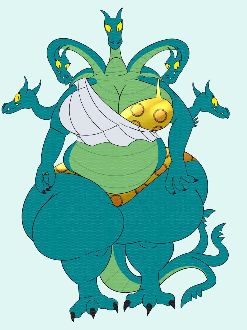anthro big_breasts big_butt breasts butt camille_(krapopolis) clothed clothing digital_media_(artwork) dragon female hi_res hydra itsyairishboi looking_at_viewer multi_head overweight simple_background solo tail thick_thighs