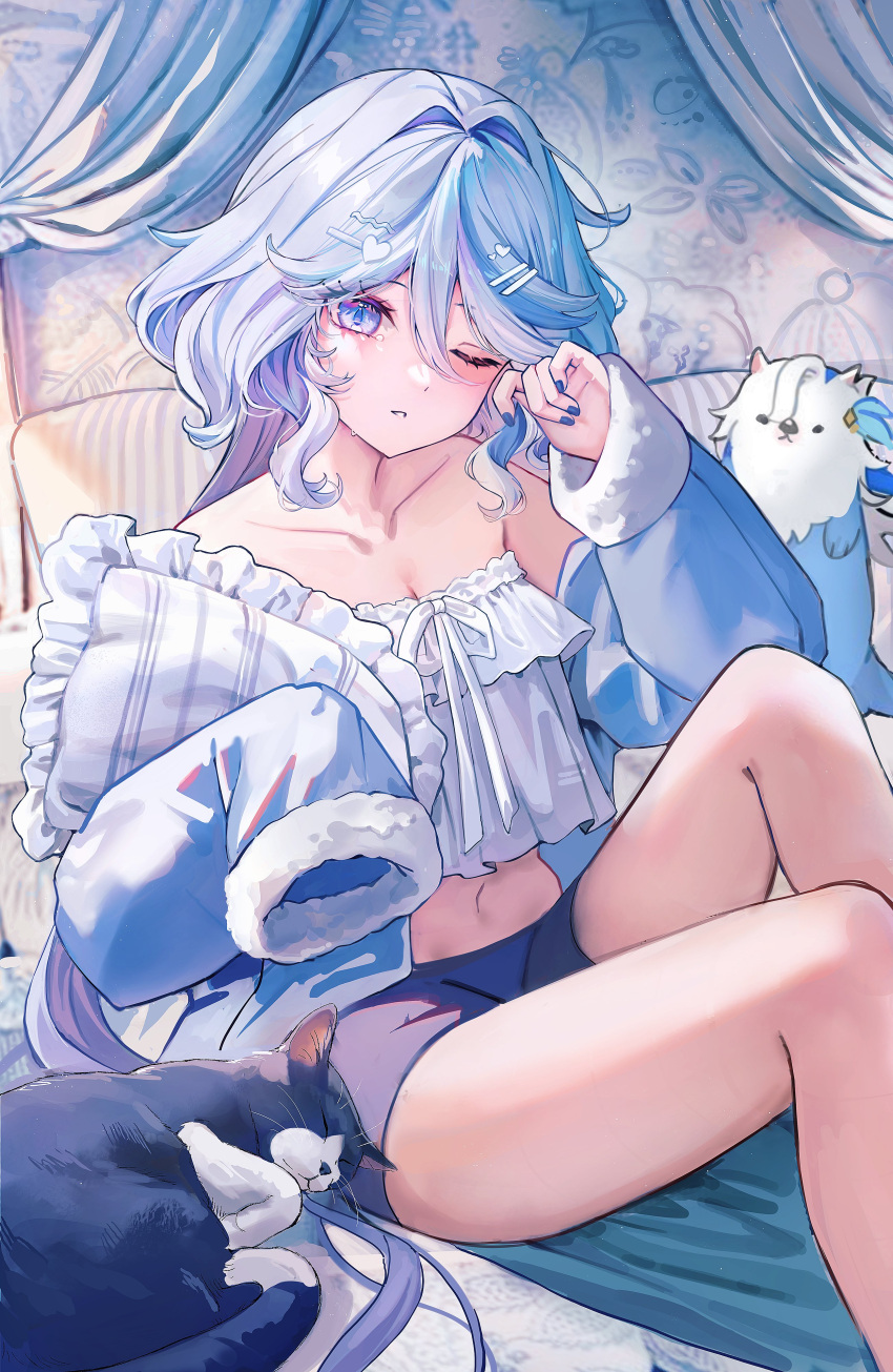 1girl absurdres bare_shoulders black_nails blue_eyes blue_hair blue_nails blue_sky blush breasts cat cleavage collarbone cowboy_shot curtains dasha furina_(genshin_impact) genshin_impact hair_between_eyes hair_ornament hairclip highres holding holding_pillow indoors legs light_blue_hair long_hair looking_at_viewer multicolored_hair nail_polish navel neuvillette_(genshin_impact) on_bed one_eye_closed pillow sidelocks sitting sky solo stomach streaked_hair tears two-tone_hair