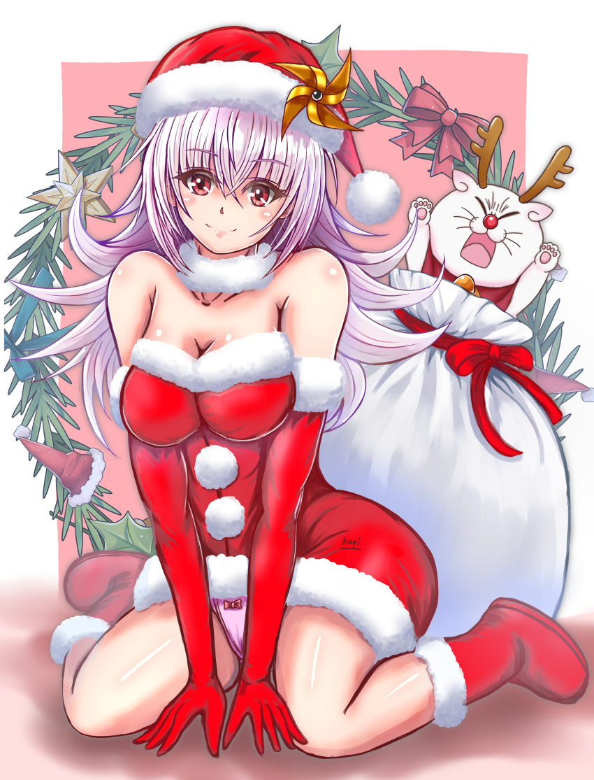 1girl 1other absurdres ayakashi_triangle bare_shoulders big_kapipara boots breasts christmas cleavage commentary_request dress elbow_gloves eyelashes fur-trimmed_boots fur-trimmed_dress fur_trim gloves happy hat highres kazamaki_matsuri kazamaki_matsuri_(female) large_breasts long_hair looking_at_viewer panties pinwheel red_dress red_eyes red_footwear santa_costume santa_dress santa_hat shirogane_(ayatora) smile underwear white_hair white_panties