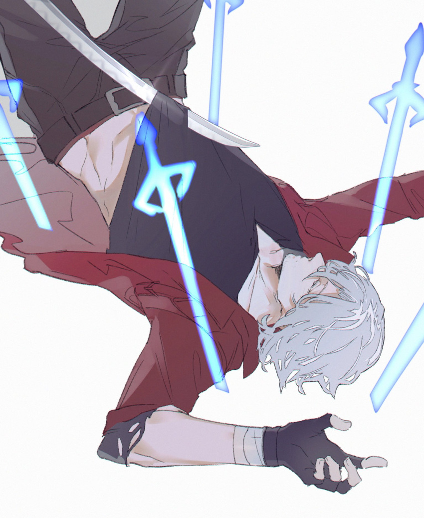 1boy bishounen black_gloves black_pants black_shirt closed_mouth coat dante_(devil_may_cry) devil_may_cry_(series) devil_may_cry_5 fingerless_gloves gloves highres long_hair male_focus mature_male pants red_coat shigu_dmc shirt simple_background solo sword weapon white_hair