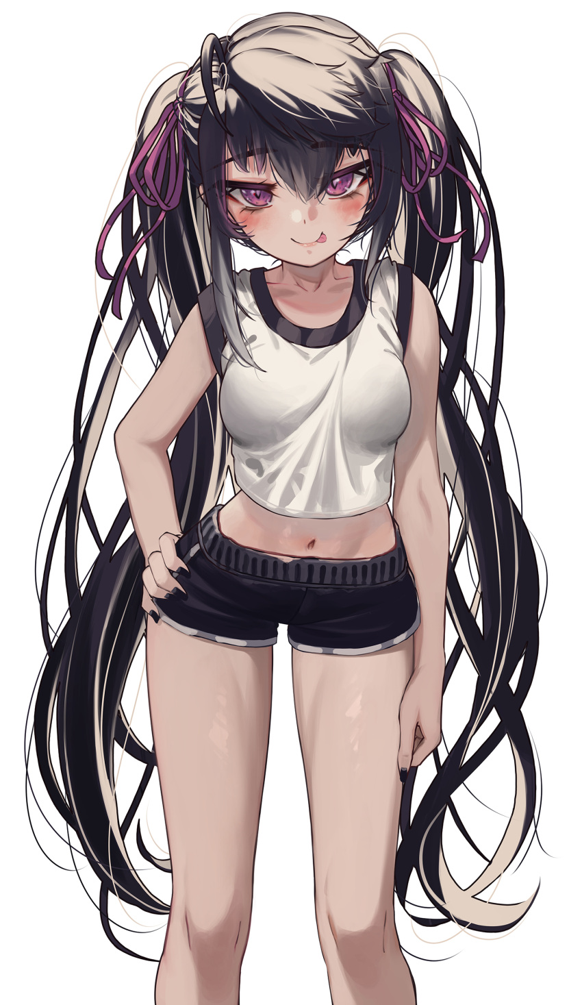 1girl :p absurdres black_hair black_shorts breasts commission hair_ribbon hand_on_own_hip highres long_hair looking_at_viewer medium_breasts midriff navel original priite_hari_(torriet) purple_eyes ribbon shirt short_shorts shorts simple_background smile solo thighs tongue tongue_out torriet very_long_hair white_background white_shirt