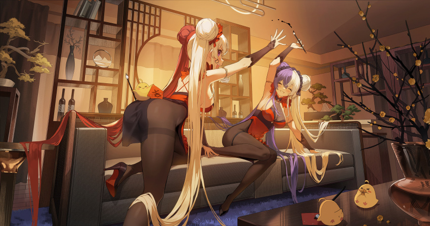 2girls arm_up armpits ass azur_lane bodystocking breasts chao_ho_(azur_lane) chao_ho_(frolicking_flowers_verse_ii)_(azur_lane) china_dress chinese_clothes closed_eyes couch double_bun dress grey_hair hair_bun high_heels highres holding_calligraphy_brush large_breasts long_hair looking_at_viewer majiang manjuu_(azur_lane) multicolored_hair multiple_girls official_alternate_costume on_couch open_mouth outstretched_arm paintbrush pantyhose print_sleeves purple_hair sleeveless sleeveless_dress smile split-color_hair thighband_pantyhose two-tone_hair white_hair ying_swei_(azur_lane) ying_swei_(frolicking_flowers_verse_i)_(azur_lane)