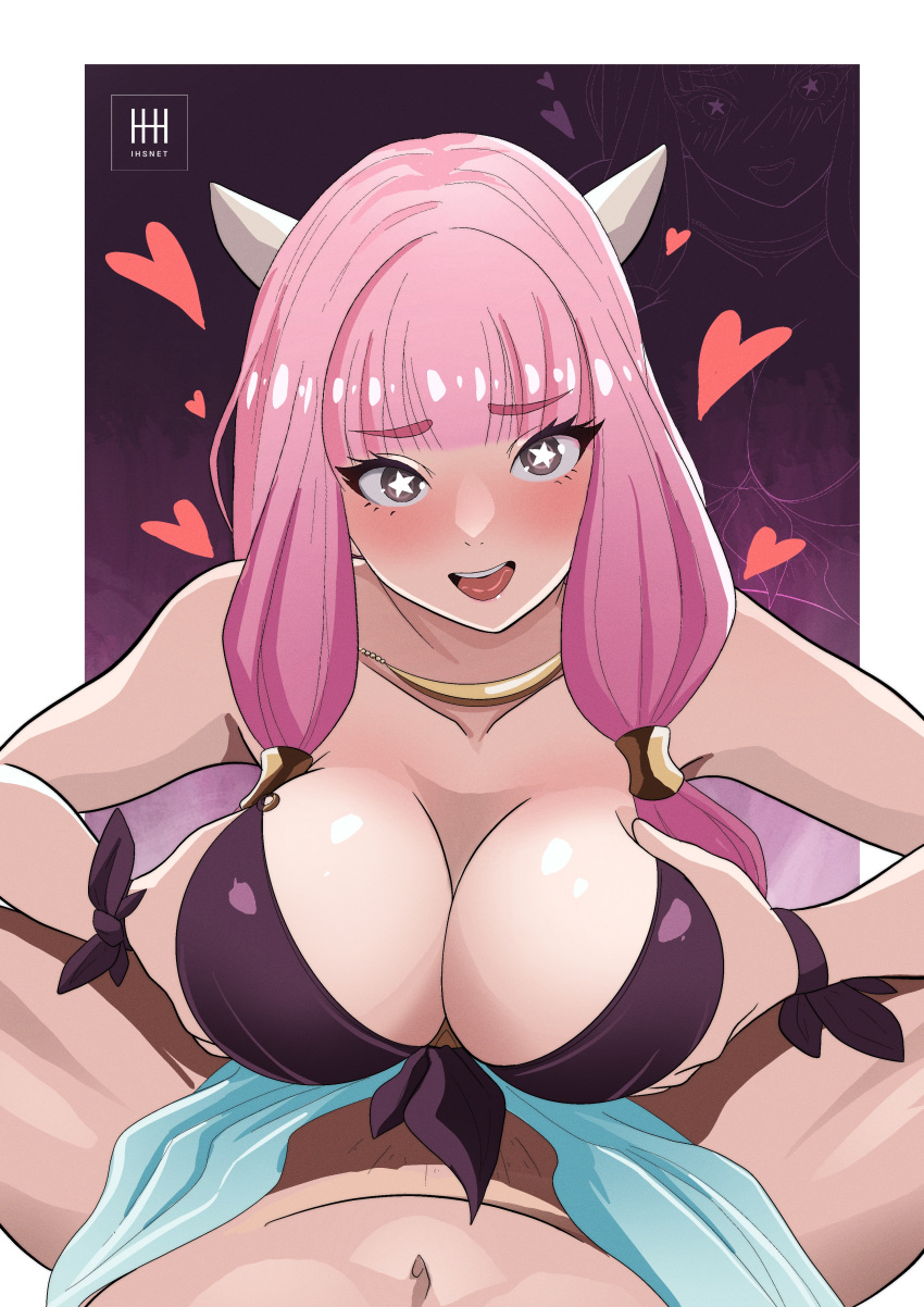 1boy 1girl absurdres alternate_costume bikini blunt_bangs braid breasts clothed_sex fire_emblem fire_emblem_fates hair_tubes heart hetero highres ihsnet large_breasts low_twin_braids mitama_(fire_emblem) open_mouth paizuri pink_hair purple_bikini solo_focus star-shaped_pupils star_(symbol) swimsuit symbol-shaped_pupils twin_braids