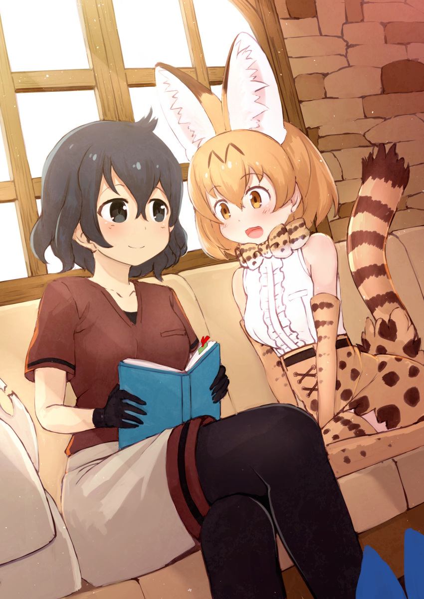 2girls absurdres animal_ears bare_shoulders between_legs black_gloves black_hair black_legwear blonde_hair blue_eyes blush book bookmark bow bowtie breast_pocket brown_hair center_frills commentary_request couch crossed_legs deku_suke elbow_gloves extra_ears eyebrows_visible_through_hair gloves hand_between_legs high-waist_skirt highres kaban_(kemono_friends) kemono_friends multicolored_hair multiple_girls no_hat no_headwear pantyhose pocket print_gloves print_legwear print_neckwear print_skirt reading red_shirt serval_(kemono_friends) serval_ears serval_print serval_tail shirt short_hair short_sleeves shorts sitting skirt sleeveless smile t-shirt tail thighhighs wariza white_shirt yellow_eyes zettai_ryouiki