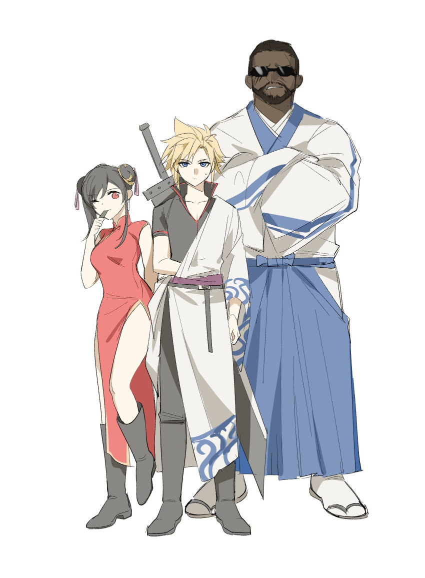 1girl 2boys arm_behind_back barret_wallace black_footwear black_hair blonde_hair blue_eyes blue_hakama boots breasts buster_sword china_dress chinese_clothes closed_mouth cloud_strife commentary_request cosplay crossed_arms dark-skinned_male dark_skin double_bun dress duoj_ji earrings facial_hair final_fantasy final_fantasy_vii final_fantasy_vii_remake full_body gintama hair_bun hair_ornament hakama height_difference high_collar highres japanese_clothes jewelry kagura_(gintama) kagura_(gintama)_(cosplay) kimono knee_boots large_breasts long_hair looking_at_viewer multiple_boys one_eye_closed parted_lips pelvic_curtain popped_collar red_dress red_eyes robe sakata_gintoki sakata_gintoki_(cosplay) sandals sash scar scar_on_face shimura_shinpachi shimura_shinpachi_(cosplay) side_slit single_earring socks spiked_hair standing sunglasses sweatdrop swept_bangs sword sword_on_back tassel tassel_hair_ornament tifa_lockhart weapon weapon_on_back white_background white_kimono white_robe white_socks wide_sleeves