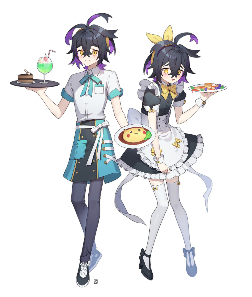 2boys absurdres alternate_costume apron black_footwear black_hair black_shirt blush breast_pocket cake cherry colored_inner_hair commentary_request crossed_bangs cup drinking_straw food fruit hair_between_eyes hairband hand_up highres holding holding_plate holding_tray kieran_(pokemon) korean_commentary male_focus mongguri multicolored_hair multiple_boys omelet omurice otoko_no_ko pants plate pocket pokemon pokemon_sv raised_eyebrows shirt shoes short_hair short_sleeves thighhighs tray waist_apron white_apron white_shirt white_thighhighs wrist_cuffs yellow_eyes yellow_hairband
