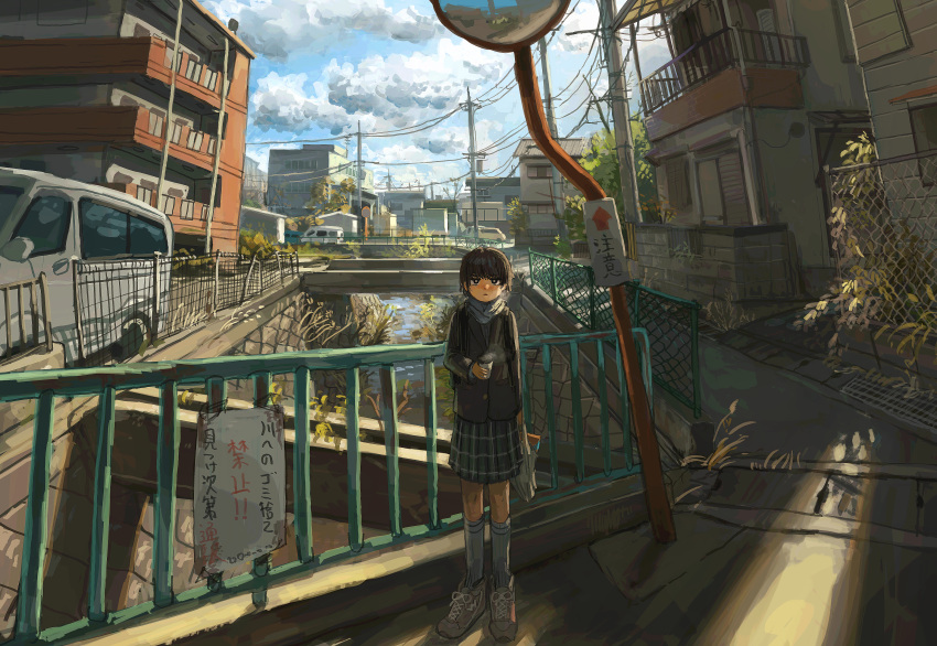 1girl absurdres anko1127 bag black_eyes black_hair black_jacket blazer blue_sky building canal car chain-link_fence cloud coffee_cup cup disposable_cup fence green_skirt grey_footwear highres holding holding_bag holding_cup jacket kneehighs looking_at_viewer morning motor_vehicle original outdoors plaid plaid_skirt plastic_bag pleated_skirt power_lines scenery school_uniform short_hair skirt sky socks solo steam traffic_mirror urban utility_pole water white_car